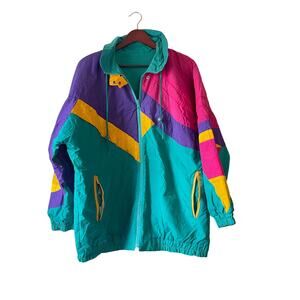 Vintage women’s thick reversible weatherproof jacket colorful‎ 80s size 14/16